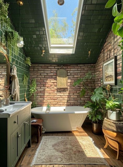 How To Decorate A Skylight, Dream Boho House, Home Inspo Bathroom, Cute Bathroom Design, Plant House Ideas, Apartment Decorating Green, Dream Home Inspiration, Dream House Decor Ideas, Dream Home Interiors