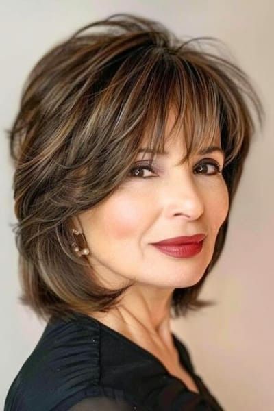 Layered Women’s Haircuts, Haircuts For Over 60 Older Women Medium Length, Wash And Go Haircut, Med Hair, Women Over 50 With Bangs, Over 50 With Bangs, Choppy Bobs, Medium Haircuts, Stacked Bob