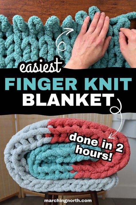 How to Finger Knit a Chunky Blanket Fast! (for Beginners) Chunky Finger Knit Blanket, Finger Blanket, Bernat Blanket Big Yarn, Finger Knit Blanket, Knit A Chunky Blanket, Arm Knitting Blanket Diy, How To Finger Knit, Finger Knitting Blankets, Chunky Blanket Diy