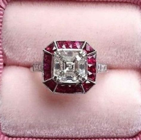 Asscher Cut Diamond Art Deco Ring/ Pink Ruby Halo Diamond | Etsy Asscher Cut Diamond Ring, Princess Cut Diamond Ring, Diamond Ring Princess Cut, Vintage Inspired Rings, Asscher Cut Diamond, Deco Blue, Art Deco Diamond Rings, Ruby Diamond Rings, Asscher Cut