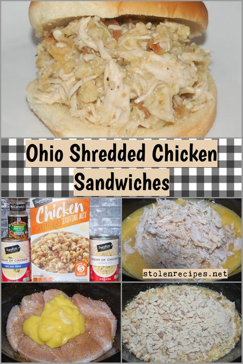 This unusual sounding recipe is actually very tasty. Chicken breasts are placed in a slow cooker. Then condensed cream of chicken soup is poured on top. After cooking for several hours the chicken is shredded and dry stuffing mix is stirred into the chicken. Next the mixture cooks until the stuffing is moistened. Then the filling is served on hamburger buns. Shredded Canned Chicken Recipes, Shredded Chicken With Stuffing, Cream Chicken Sandwich Recipes, Chicken And Stuffing Sandwiches, Hot Chicken Sandwiches With Stuffing, Chicken And Dressing Sandwiches, Chicken Stuffing Sandwiches, Creamed Chicken Sandwiches Crockpot, Cream Of Chicken Sandwiches Crockpot