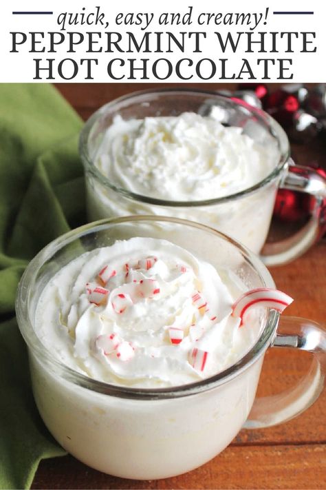 Peppermint White Hot Chocolate, Peppermint Hot Chocolate Recipe, White Hot Chocolate Recipe, Peppermint Recipes, Hot Drinks Recipes, Hot Cocktails, Peppermint White, Cozy Drinks, Hot Chocolate Drinks