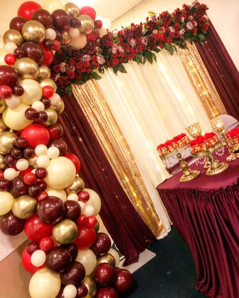 Gold, ivory and burgundy balloon arch, perfect for engagement party balloons, balloon backdrop, balloon decor, balloon styling, christening balloons, baby shower balloons, #homedecor #party #partyideas Burgundy Gold Backdrop, Burgundy And Gold Backdrop, Burgundy Decorations Party, Quince Decorations Burgundy, Burgundy Birthday Party Ideas, Burgundy And Gold Wedding Decorations, Quinceanera Balloon Decorations, Burgundy Party Decor, Burgundy Quinceanera Decorations