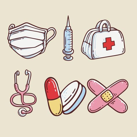 Nursing Icon Aesthetic, Medical Tools Drawing, Nurse Hat Drawing, Medication Drawing, Handrawn Icons, Nursing Doodles, Nursing Illustration, Medical Doodles, Doctor Doodle