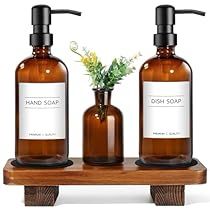 Dish Soap Dispenser Kitchen, Amber Glass Soap Dispenser, Farmhouse Soap Dispenser, Hand And Dish Soap Dispenser, Amber Vase, Soap Dispenser Set, Sink Soap Dispenser, Wood Riser, Glass Soap Dispenser