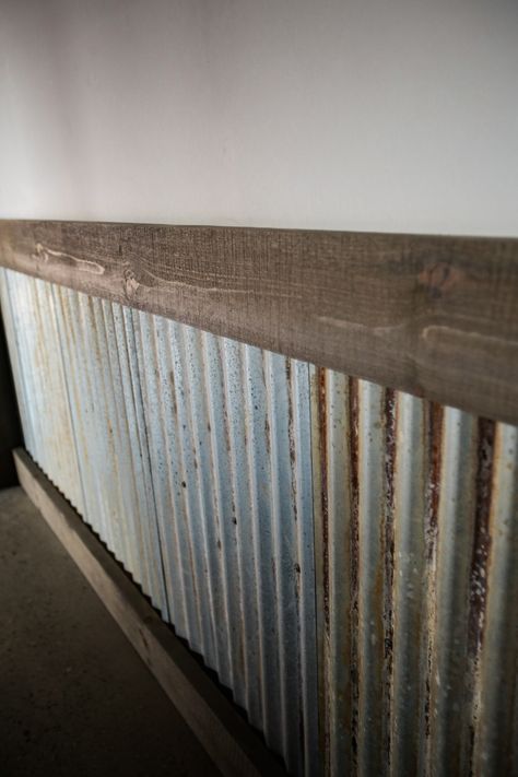 Corrugated steel wainscoting with light to moderate rust. Rusted Corrugated Metal Wall, Steel Wainscoting Ideas, Corrugated Metal Accent Wall, Corrugated Steel Wall, Galvanized Steel Wall, Coragated Metal Walls, Metal Wainscoting Ideas, Kopi Shop, Corrugated Metal Wainscoting