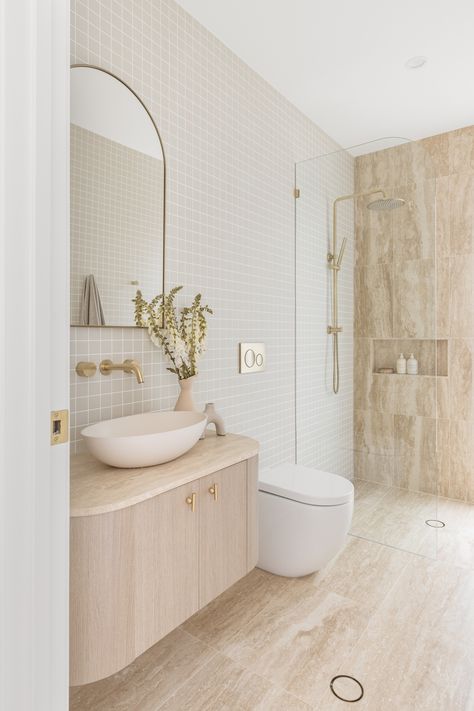 An ensuite is entirely populated by mosaic square tiles and our brushed brass tapware enhances the space perfectly. Mosaic Square Tiles, Modern Mediterranean Bathroom, Croatian House, Scandinavian Bathrooms, Modern Mediterranean Decor, Brushed Brass Tapware, Modern Organic Bathroom, Modern Scandinavian Bathroom, Ensuite Renovation