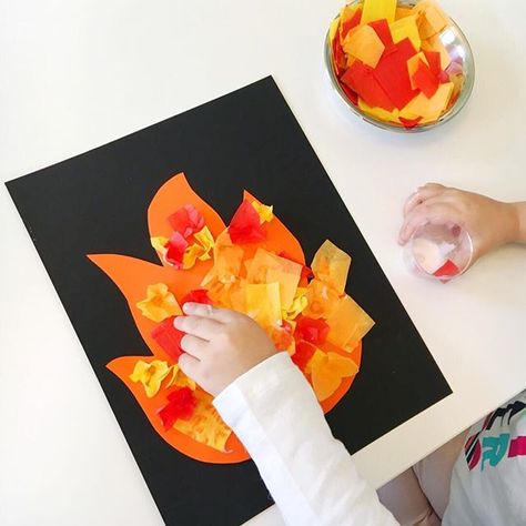 This tissue paper fire craft for #mpkpreschool was an adorable craft that incorporated lots of fine motor skill practice. Great for tot school, preschool, or even kindergarten! 👨🏼‍🚒 . Find this and more Fire Safety themed preschool activities here: bit.ly/PreschoolFireSafety . or click the link in my profile Fire Hat Craft Preschool, Fire Crafts For Kids, Tissue Paper Fire, Fire Safety Preschool Crafts, Fire Safety Preschool, Fire Crafts, Paper Fire, Tissue Paper Craft, Preschool Art Projects