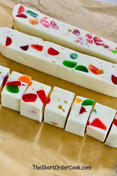 Gumdrop Nougat - The Short Order Cook Gum Drop Nougat Recipe, Homemade Nougat Candy, Fruity Gumdrop Nougat Candy, Brachs Jelly Nougat Recipe, Zagnut Candy Recipe, Marshmallow Nougat Recipe, Gumdrop Nougat Candy Recipes, Christmas Nougat Candy, Gum Drop Candy Recipe