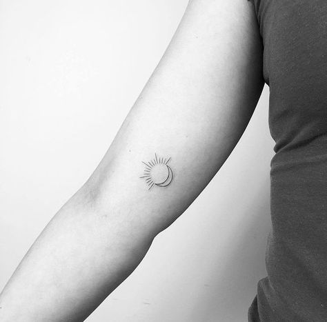 Half Sun Moon Tattoo, Half Moon Sun Tattoo, Half Sun Arm Tattoo, Half Moon And Sun Tattoo, Small Half Sun Tattoo, Half Sun And Moon Tattoo, Sun Moon Minimalist Tattoo, Dainty Sun And Moon Tattoo, Other Half Tattoo