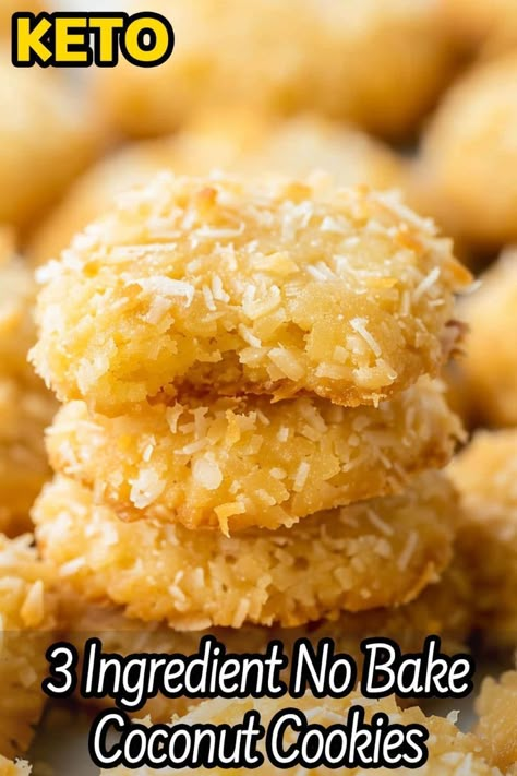 These keto coconut cookies are a perfect low carb snack with only 3 ingredients great for anyone on the keto diet follow me for more keto recipes #Keto #LowCarb #ketolifestyle #nutritiontips #ketofriendly #healthydiet #nutritiontips #ketobeginner #ketorecipes #ketogenicdiet #ketoideas Keto Recipes For Snacks, Keto Coconut Cream Pie Low Carb, Low Carb Coconut Recipes, 5 Ingredient Or Less Keto Recipes, Low Carb Healthy Desserts Easy, Keto Blueberry Cream Cheese Dessert, Sweet Keto Snacks Easy, Quick Keto Sweet Treats, Low Carb Sweets Easy Simple