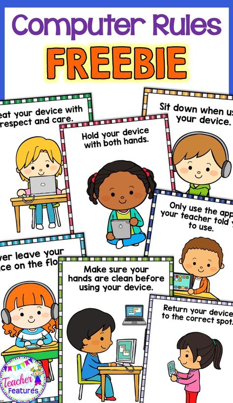 *FREEBIE* 7 Adorable technology rule posters to help your students remember best practices when handling iPads, Chromebooks and digital devices. Computer Rules, Computer Lab Rules, Chrome Books, Computer Lessons, Free Computer, Technology Tips, Computer Class, Literacy Resources, Kindergarten Lessons