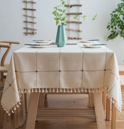 Ins Tassled Solid Color Square Dining Table Cushion Table Tablecloth Large Plaid Cotton And Linen Tablecloth Photo Prop Picnic|Tablecloths| - AliExpress Farmhouse Tablecloths, Burlap Tablecloth, Blue Tablecloth, Rectangle Tablecloth, Blue Tassel, Kitchen Dinning, Lace Tablecloth, Table Cloths, Weave Style