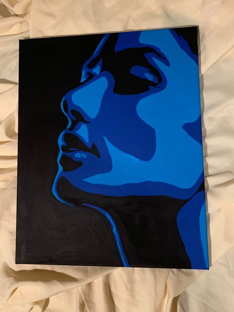 This is a blue themed woman's silhouetted face painting with acrylic on canvas Painting On Blue Canvas, Drawing Idea On Canvas, Lighter Paintings Ideas Canvas, Painting Ideas On Canvas Person, Art On Canvas Aesthetic, Blue Theme Painting, Blue Skin Painting, Blue Woman Painting, Creative Art Painting