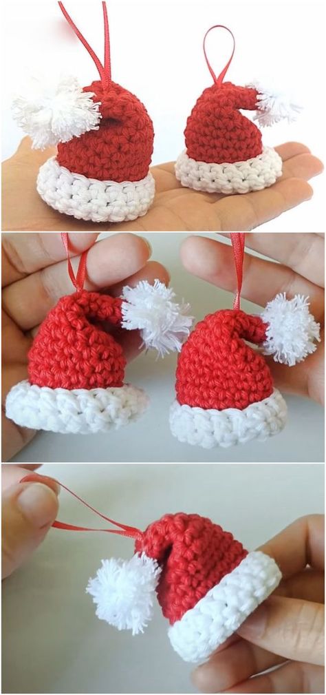 Crochet Santa Hat, Crochet Christmas Ornaments Free, Crochet Ornament Patterns, Crochet Christmas Gifts, Crochet Santa, Crochet Xmas, Crochet Christmas Decorations, Crochet Ornaments, Crochet Decoration