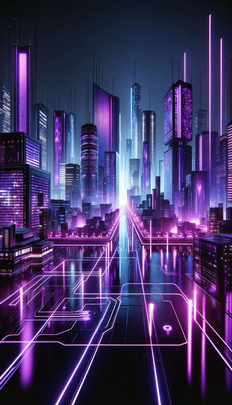 Purple Aesthetic Cyberpunk, Cyberpunk Poster Design, Cyberpunk Skyline, Cyberpunk City Wallpaper, Background Purple Aesthetic, Purple Aesthetic Phone, Neon Building, Purple Background Design, Purple Cartoon Characters