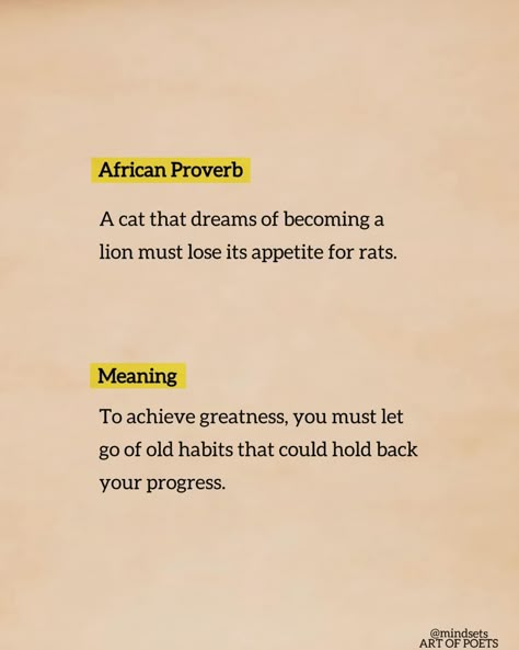 🪐🪧💡 African Proverb A cat that dreams of becoming a lion must lose its appetite for rats. Meaning To achieve greatness, you must let go of old habits that could hold back your progress. #africanart #proverbs #proverbs31woman #letgo #proverbs31 #greatness #achieve #progress #habits #inspire #motivation #inspiration #motivational #motivationalquotes African Quotes Proverbs Wisdom, English Proverbs With Meanings, Funny African Proverbs, Proverb With Meaning, Proverb Meaning, November Mood Board, Wise Proverbs, English Proverbs, My Ideal Self