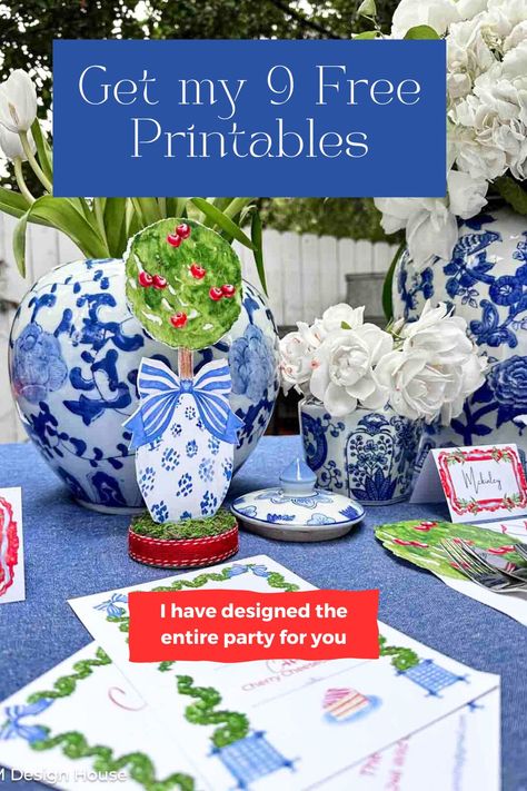 A Beautiful red, white and blue table inspired by chinoiserie printables with green topiary trees and cherries. Chinoiserie Tea Party, Chinoiserie Table Decor, Chinoiserie Diy, Chinoiserie Party, Summer Dinner Party, Easy Crafts To Sell, Topiary Tree, Summer Decorations, Ladies Luncheon