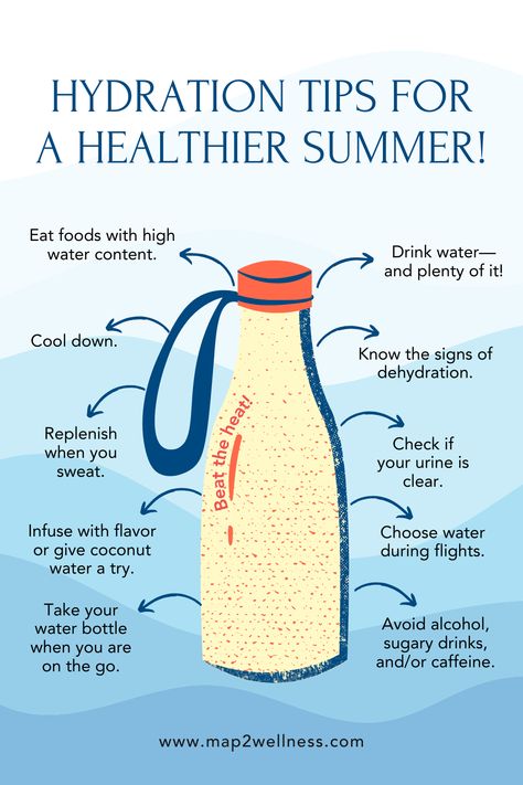 Stay cool and hydrated this summer with these essential tips! Drink plenty of water, recognize signs of dehydration, and eat water-rich foods. Avoid alcohol and sugary drinks, and stay cool with light clothing and shade. Replenish fluids when you sweat and choose water during flights. Infuse your water with fruits for flavor and take your water bottle with you everywhere. Staying hydrated is crucial for your health and energy levels in the summer heat. Enjoy the sunshine responsibly! ☀️💦 Avoid Alcohol, Light Clothing, Signs Of Dehydration, Healthy Hydration, Drink Plenty Of Water, Fruit Water, Sugary Drinks, Staying Hydrated, Health Habits