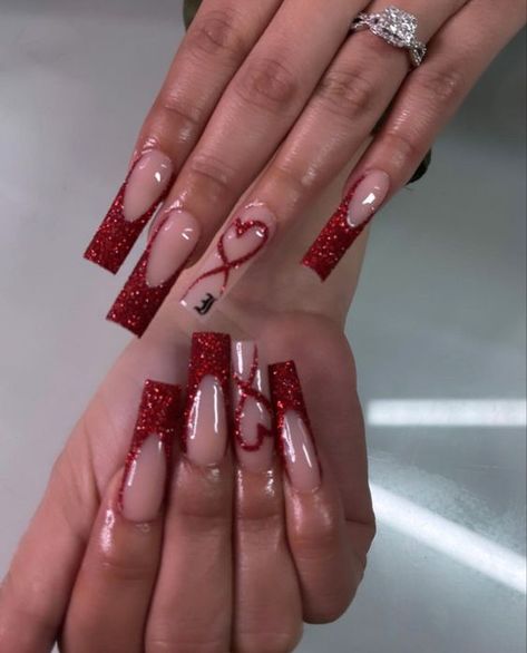 Valentine's Red Nails, Long Vday Nails, Valentines Day Nails Mid Length, Prom Baddie Nails, Xoxo Nail Art, Red Nail Prom Ideas, Latina Valentines Nails, Valentines Nail Set With Initial, Dark Red Acrylic Nails Designs Ideas