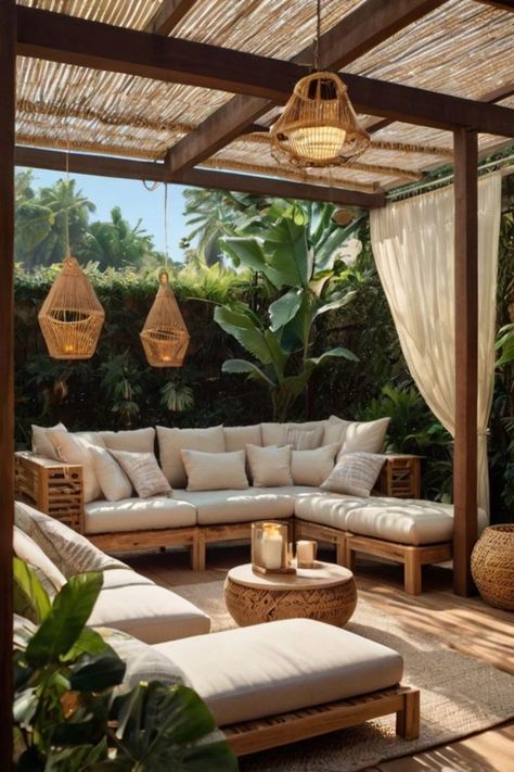 Chic outdoor decor with string lights and rattan furniture. Tropical Patio Furniture, Modern Deck Furniture Ideas, Tropical Small Backyard, Tulum Inspired Backyard, Modern Deck Furniture, Boho Backyard Patio, Small Tropical Backyard, Lanai Decorating Ideas, Utah Backyard