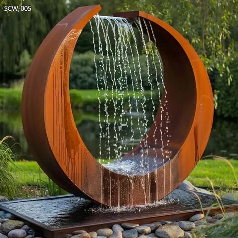 Corten Steel Circular Ring Fountain for Courtyard - Abstract Water Sculpture - 2 Minimalist Water Feature, Mid Century Water Feature, Metal Water Feature, Garden Features Ideas, Courtyard Water Feature, Water Feature Ideas, Contemporary Water Feature, Church Design Architecture, Water Fountain Design