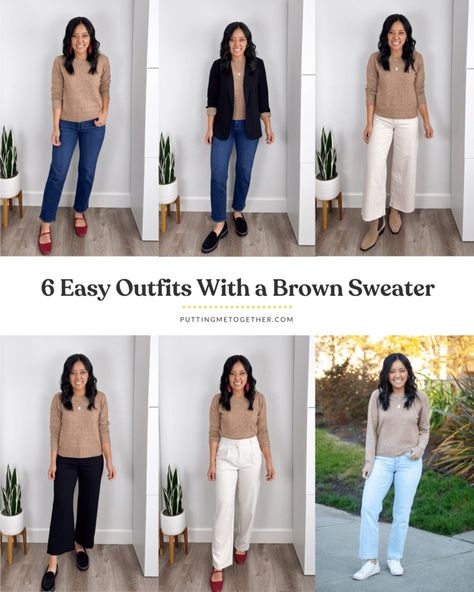 6 Easy Outfits with a Tan Sweater Camel Sweater Outfit, Tan Sweater Outfit, Beige Sweater Outfit, Olive Pants Outfit, Nursing Friendly Outfits, Grey Sweater Outfit, Tan Outfit, Neutral Sweater, Camel Sweater