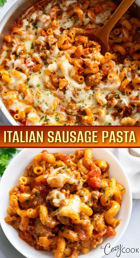 Italian Sausage Pasta topped with cheese Ground Italian Sausage Recipes, Sausage Recipes For Dinner, Cozy Cook, Dracule Mihawk, Sausage Pasta Recipes, Italian Sausage Pasta, Italian Sausage Recipes, Cookie Rookie, Mild Italian Sausage