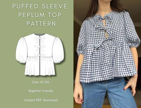 Puffed Sleeve Peplum Top | Digital Sewing Pattern | Instant Download | Front Tie Blouse | XS-XXL | Beginner Friendly Peplum Top Pattern, First Sewing Projects, Blouse Pattern Sewing, Top Sewing Pattern, Tie Front Blouse, Bias Tape, Tie Blouse, Beauty And Fashion, Front Tie Top