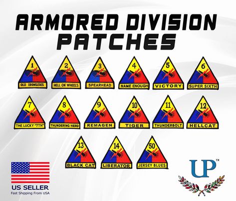 "Embroidered US Army Armored Divisions Iron On Patches, Armored Division Patches, 1st to 50th Armored Divisions PLEASE READ DESCRIPTION BEFORE YOU PURCHASE 1) Choose the code of the patch, read the type and size of the patch listed below. 2) Select quantity 3) To buy different ones, add to cart individually. ##PATCH CODE ##PATCH NAME ##BACKING TYPE ##SIZE AD001 - Old Ironsides (Iron-On) (3-3/4\") AD002 - Hell on Wheels (Iron-On) (3-3/4\") AD003 - Spearhead (Iron-On) (3-3/4\") AD004 - Name Enough Combat Action Badge, Us Army Patches, Army Divisions, Army Look, Army Patches, Tiger Iron, Hell On Wheels, Military Insignia, Army Veteran