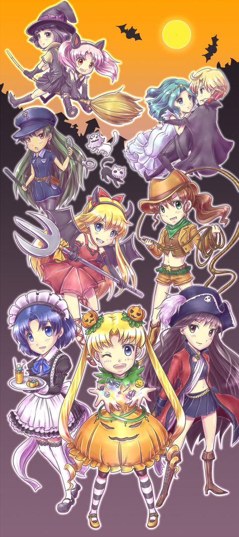 "Sailor Moon S" fan art - Sailor Senshi Halloween. Sailor Moon Halloween Wallpaper, Halloween Sailor Moon, Halloween Vocaloid, Sailor Moon Halloween, Sailor Halloween, Sailor Soldiers, Makoto Kino, Moon Halloween, Minako Aino