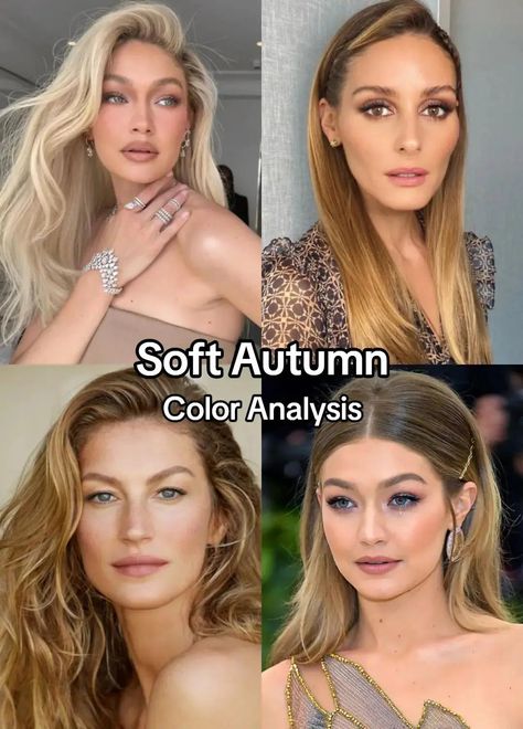 Is Gigi Hadid a Soft Autumn? Explore her color season, features, and how to determine your own with our expert color analysis insights. Blonde For Soft Autumn, Gigi Hadid Color Palette, Soft Autumn Color Palette Celebrities, Gigi Hadid Soft Autumn, Soft Autumn Eyes, Best Hair Color For Soft Autumn, Soft Autumn Color Palette Hair, Soft Autumn Blonde, Soft Autumn Blonde Hair