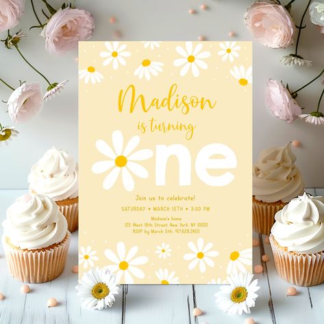 Daisy First Birthday Invitation Retro Daisy Birthday Invite Yellow Daisy Party Girl Flower First Birthday Editable Digital Download A691 Daisy Flower Invitation, Flower First Birthday, Daisy First Birthday, Daisy Invitations, Daisy Birthday, Daisy Party, Retro Daisy, Shipping Envelopes, Paperless Post