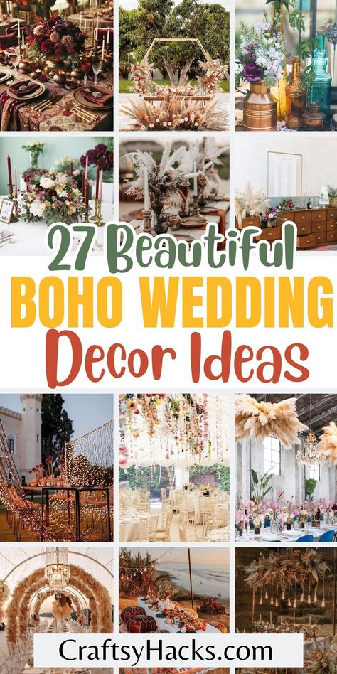 Create the enchanting boho chic wedding of your dreams with our beautifully curated wedding decorations that capture the essence of bohemian elegance. These boho wedding ideas combine rustic aesthetics with lush florals and eclectic accents to bring your whimsical wedding vision to life. Boho Decorations For Wedding, Inexpensive Boho Wedding Decor, Fall Boho Outdoor Wedding, Rustic Bohemian Wedding Ideas, Ranch Wedding Ideas Outdoor Receptions, Boho Bar Decor Wedding, Minimal Boho Wedding Table Decor, Wedding In May Ideas, Neutral Earthy Wedding