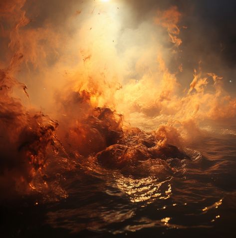 Midjourney createt, *Fire Water Smoke* Water Fire Aesthetic, Fire Water Aesthetic, Fire Genasi Aesthetic, Water And Fire Aesthetic, Fire And Water Wallpaper, Fire And Water Aesthetic, Ocean On Fire, Fire In Water, Fire In Nature