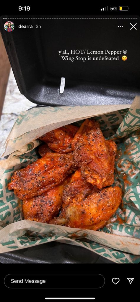 Spicy wings from a restaurant called wing stop , red , lemon pepper, spicy, mixture Hot Wings Aesthetic, Wingstop Order Ideas, Wing Stop Aesthetic, Wingstop Aesthetic, Wing Stop, American Fast Food, Soul Food Dinner, Sleepover Food, Junk Food Snacks