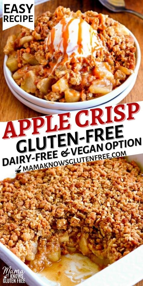 An easy recipe for gluten-free apple crisp. This gluten-free dessert recipe also has a dairy-free and vegan option. Gluten Free Sweets, Mama Knows Gluten Free, Gluten Free Dairy Free Dessert, Gluten Free Apple Crisp, Easy Gluten Free Desserts, Gluten Free Thanksgiving, Gluten Free Desserts Recipes, Gluten Free Recipes For Dinner, Gluten Free Dairy Free Recipes