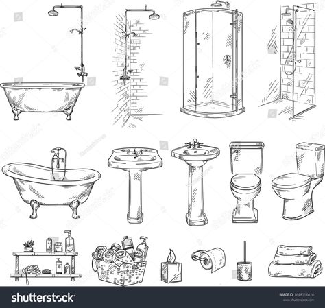 Set of bathroom objects: bathtub, shover, sink and toilet bowl. Bathroom accessories vector sketch. #Ad , #AD, #bathtub#shover#sink#Set Bathroom Illustration Drawing, Toilet Sketch, Navy Blue Bathroom Accessories, Bathroom Objects, Bathroom Sketch, Bathroom Illustration, Toilet Drawing, Navy Blue Bathroom, Bathroom Drawing