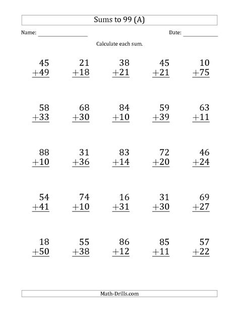 The Large Print - Adding 2-Digit Numbers with Sums up to 99 (25 Questions) (A) math worksheet from the Addition Worksheet page at Math-Drills.com. Adding Worksheets, Easy Math Worksheets, 2 Digit Addition, Kindergarten Math Worksheets Addition, Math Fact Worksheets, Addition Worksheet, Touch Math, Kindergarten Addition Worksheets, Math Practice Worksheets