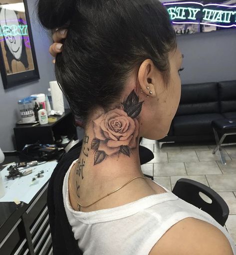 Flowers On Neck Tattoo, Rose On Neck Tattoo For Women, Neck Tattoo Rose For Women, Neck Rose Tattoo For Women, Rose Back Of Neck Tattoo, Roses On Neck Tattoo, Dope Neck Tattoos Women, Rose Neck Tattoo Black Woman, Rose Neck Tattoo Woman