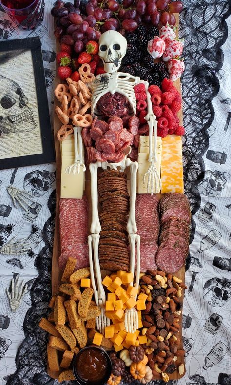 Skeleton Charcuterie Board - Everyday Shortcuts Meat Skeleton Halloween, Filling Charcuterie Board Ideas, Halloween Shareables, Aldi Halloween Charcuterie Board, Skeleton Charcuterie Board Ideas, Skeleton Cheeseboard, Halloween Charcuterie Board For Adults, Skeleton Fruit Tray, Hand Charcuterie Board