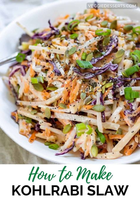 This easy Kohlrabi Slaw has raw kohlrabi, cabbage, carrots, and sweet apple. It then gets tossed in a creamy, tangy coleslaw dressing! Tangy Coleslaw Dressing, Kohlrabi Slaw, Tangy Coleslaw, Veggie Desserts, Kohlrabi Recipes, Coleslaw Dressing, Shredded Cabbage, Csa Recipes, Slaw Recipes