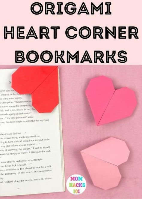 Valentine Origami Bookmark Heart Corner Craft - Mom Hacks 101 Book Mark Valentines Kids, Diy Valentine Bookmarks, Easy Origami Heart Bookmark, Valentines Origami Easy, Diy Valentine Bookmarks Kids, Bookmark Valentines For Kids, Valentines Day Origami Easy, Valentine Origami For Kids, Heart Corner Bookmark