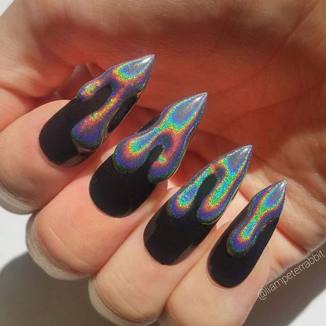 Holographic Drip Nails, Holographic Halloween Nails, Dripping Nails, Drippy Nails, Halloween Acrylic Nails, Drip Nails, Awesome Nails, Goth Nails, Creative Nail Designs