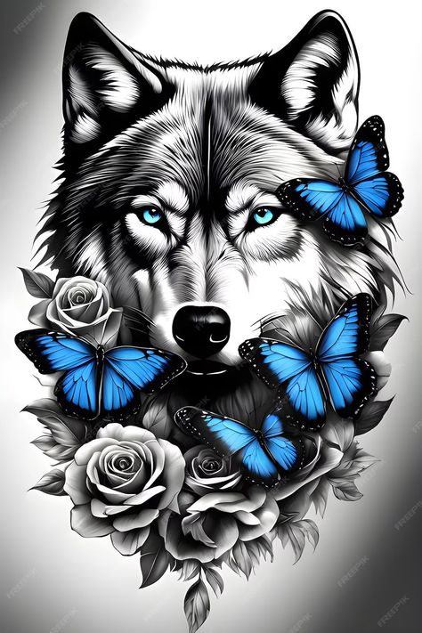 Dream Catcher And Wolf Tattoo, Spirit Wolf Tattoo, Wolf Feather Tattoo, Lone Wolf Tattoo For Women, Tattoo Ideas Female Wolf, Cute Wolf Tattoo, Face Butterfly Tattoo, Wolf Face Tattoo, Face Butterfly