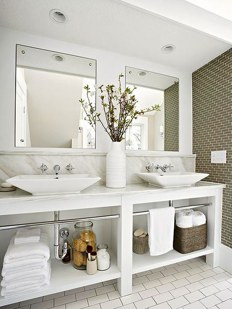 Combining the traditional look of marble with the modern vessel sink offers an up-to-date yet timeless design aesthetic. Open storage under ... Small Farmhouse Bathroom, Farmhouse Bathroom Design, Herringbone Backsplash, Vanity Design, Small Farmhouse, Double Sink Vanity, Vessel Sink Bathroom, Bathroom Renos, Cool Ideas