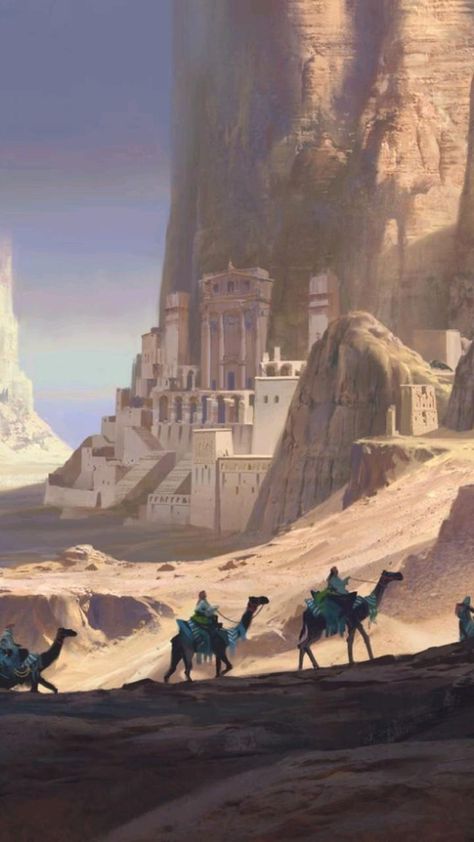 Desert Castle Fantasy Art, Desert Merchant Fantasy Art, Desert Fantasy Art Scenery, Desert Illustration Fantasy Art, Worldbuilding Inspiration Art, Fantasy Desert Castle, Dnd Desert City, Dnd Setting Inspiration, Desert Fantasy City