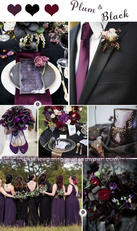 Dark And Moody Purple Wedding, Burgundy Purple Black Wedding, Black Plum Wedding, Spooky Wedding Color Palette, Plum Theme Wedding, Lavender Black Wedding, Fall Dark Wedding Color Schemes, Purple Black Wedding Theme, Purple Silver And Black Wedding Ideas