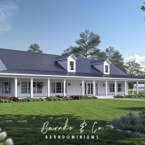 Here is a classic look ranch-style Barndo with a wrap-around porch. We love the white siding & traditional windows. Imagine this home decorated for the holidays! • • • • • #barndoandco #barndo #barndodesign #designinspo #interiordesign #barndodecor #barndominium #barndominiumlifestyle #barndominiumguy #thebarndoguy #barndominionexperts #barndominiumdesign #ontario #canada White Farmhouse Barndominium, White Siding, Traditional Windows, Wrap Around Porch, Ranch Style, Barndominium, Ontario Canada, Design Inspo, Wrap Around