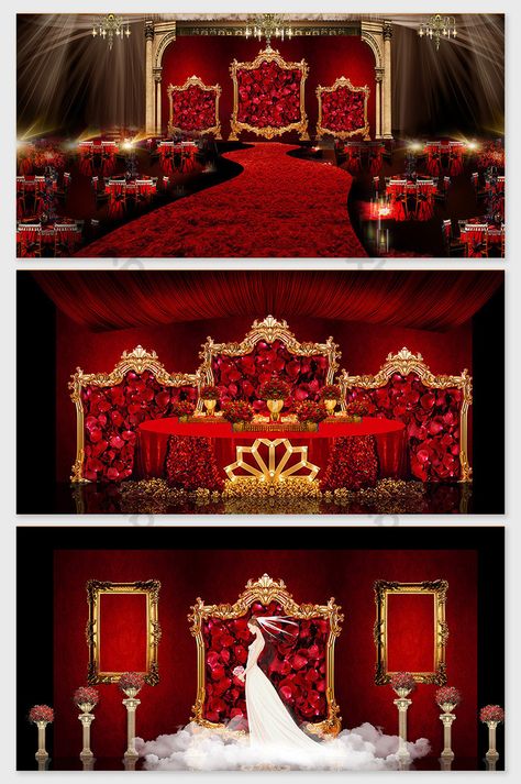 Rose Wedding Theme, Red Gold Wedding, Reception Stage Decor, Royal Decorations, Red Wedding Decorations, Wedding Background Decoration, Wedding Entrance Decor, Red Rose Wedding, Wedding Stage Design